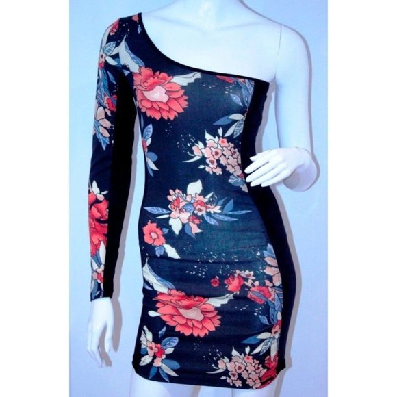 MINKPINK One Sleeve FLORAL Fitted DRESS Vintage Inspired ( XS ) - Picture 1 of 2